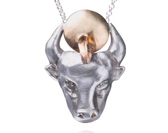 TAURUS - 14K Gold and Silver Taurus Necklace - Zodiac jewelry - Zodiac Rings - Astrology symbols - Art Jewelry - Hand made gold Jewelry