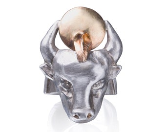TAURUS - 14K Gold and Silver Ring - Zodiac jewelry - Zodiac Rings - Astrology symbols - Art Jewelry - Hand made gold Jewelry - Hand Sculpted