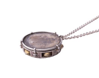 Pandeiro Pendant Necklace - Tambourine Necklace - Silver & Brass necklace, Music jewelry, Miniature jewelry art, silver drums, capoeira