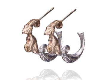 Capricorn - 14K Gold & Silver Earrings - Zodiac jewelry - Zodiac Earrings - Astrology symbols - Art Jewelry - Hand made jewelry - Animal Art