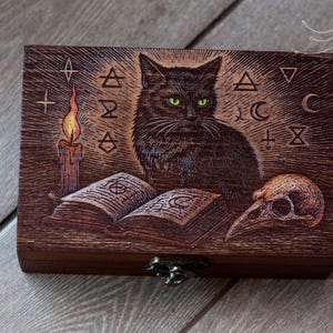 Engraved Magic Cat Tarot Box: Wood Keepsake Box, Vintage Style
