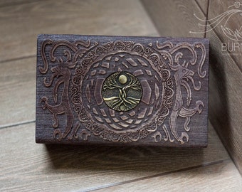 Boîte de tarot Arbre de vie Yggdrasil : coffre à bijoux celtique en bois
