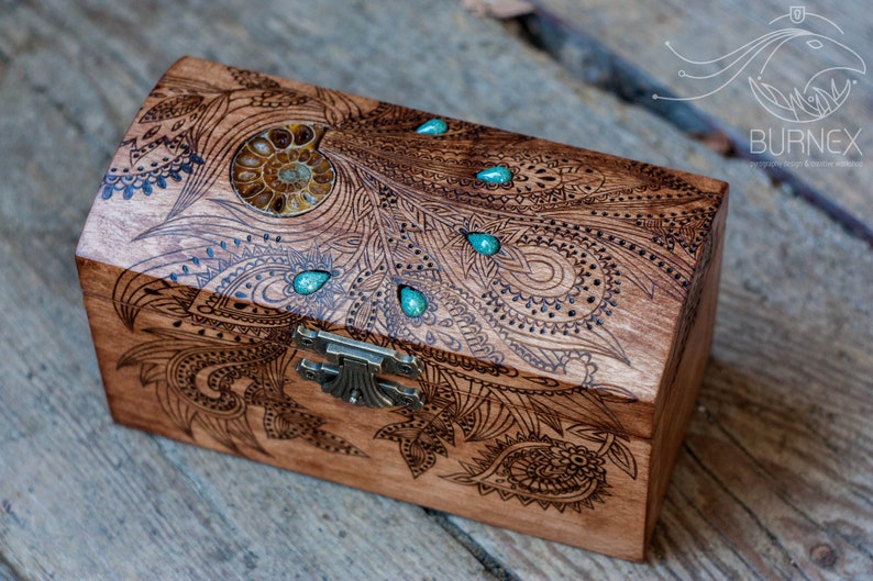 Wooden vintage jewelry box custom keepsake box with ammonite engraved wooden box image 2