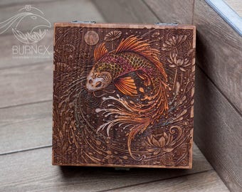 Woodburned Koi Carp Wooden Box: Engraved Keepsake, Tarot Card Deck Box