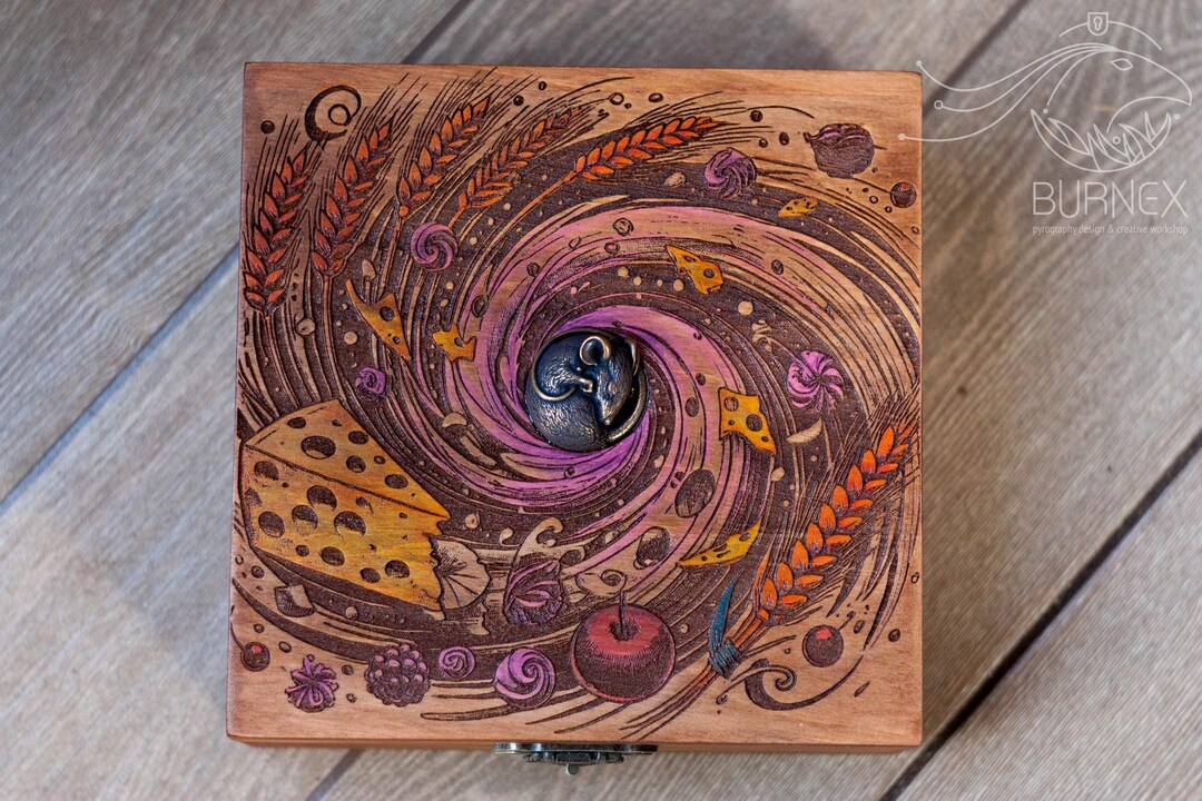Pyrography Mice Pyrography Wooden Tarot Box: Brass Mouse Keepsake Vintage Jewelry Box ...