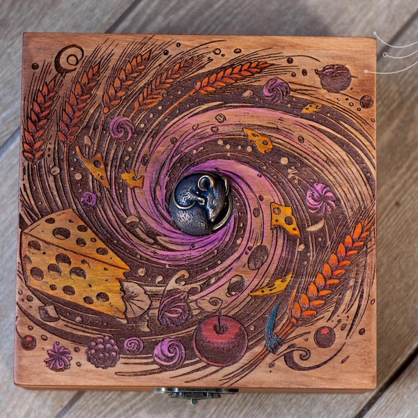 Pyrography Wooden Tarot Box: Brass Mouse Keepsake vintage jewelry Box