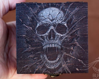 Pyrography Gothic Skull Wooden Box: Keepsake Jewelry Tarot Box