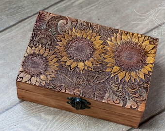 Wooden vintage Sunflower jewelry box  | keepsake box, box for cards | engraved wooden box, deck box | custom Tarot box