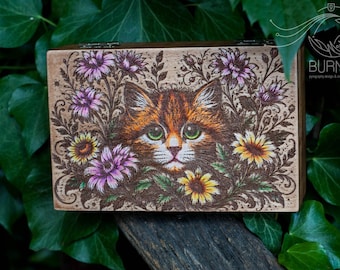 Hunting Cat Floral Wood Box: Pyrography Keepsake personalized Jewelry Tarot Case