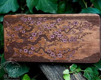 Vintage Sakura themed Wooden Jewelry Box: Engraved Keepsake Box
