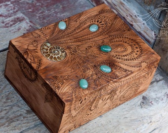 Pyrography Tarot Box: Big custom Wooden Deck Box with Ammonite