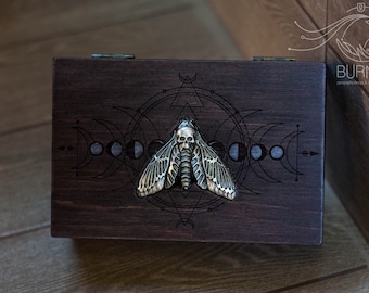 Death moth metal design wooden box | custom tarot box | vintage jewelry box | custom keepsake box