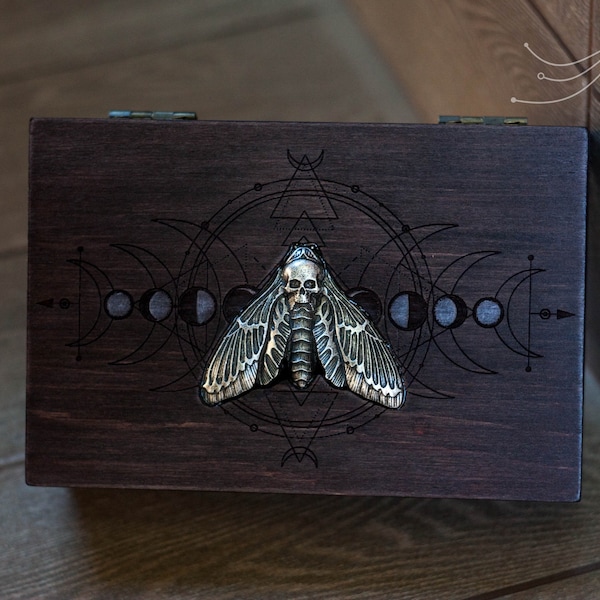 Death moth metal design wooden box | custom tarot box | vintage jewelry box | custom keepsake box