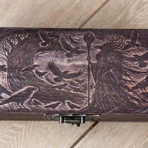 Woodburned Gothic Raven Keepsake Box: Celtic Tarot Jewelry Box