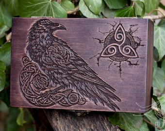 Celtic Raven Wooden Box: Huginn Crow Tarot Keepsake Box