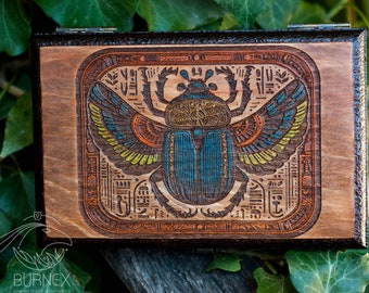 Egyptian Scarab Wooden Box: Pyrography rustic design Jewelry Chest