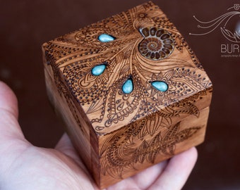 Wooden vintage ring box | jewelry box | custom keepsake box  with ammonite | box for rings | engraved wooden box