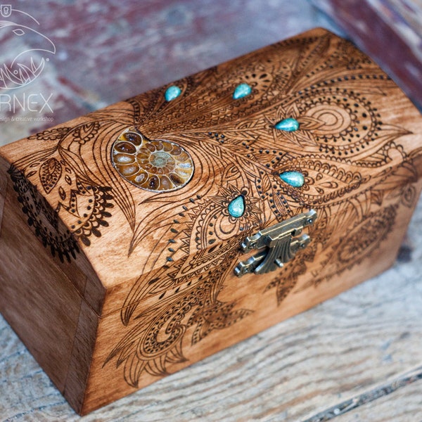 Wooden vintage jewelry box | custom keepsake box  with ammonite | engraved wooden box