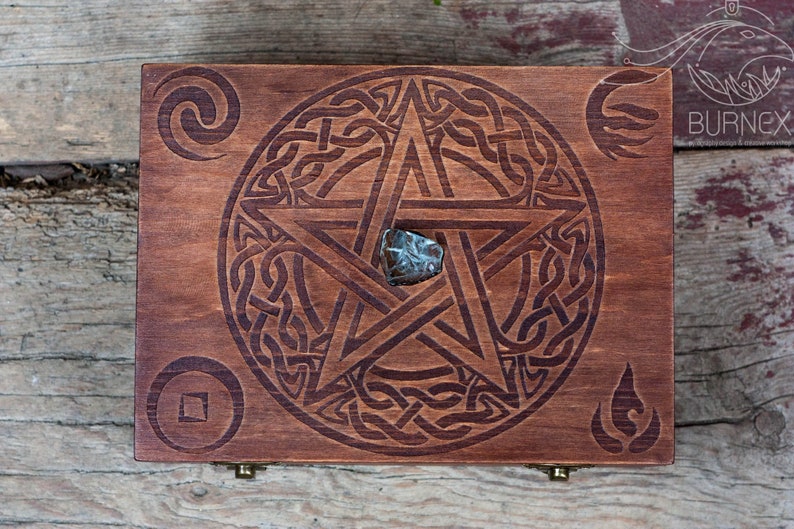 Pentagram wooden altar box Pentacle Stash box Wicca Wiccan vintage jewelry box Tarot box image 1