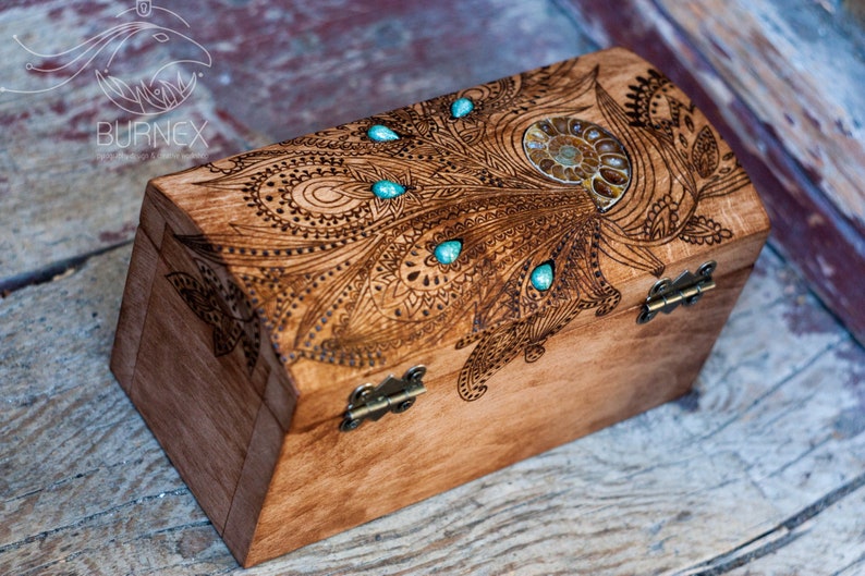 Wooden vintage jewelry box custom keepsake box with ammonite engraved wooden box image 3