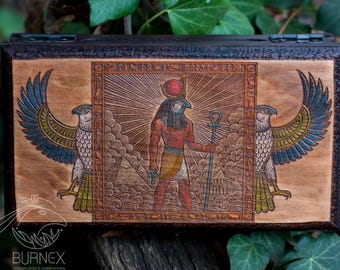 Egyptian Horus Wooden Box: Hor Pyrography rustic design Jewelry Chest