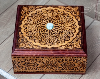 Custom Arabic Wooden Keepsake Box: Vintage Jewelry Box with Turquoise
