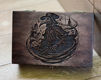 Plague doctor design wooden box | gothic custom tarot box | vintage jewelry box | custom keepsake box