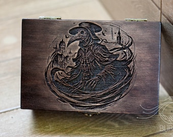 Plague Doctor Wooden Tarot Box: Gothic Keepsake Jewelry Box