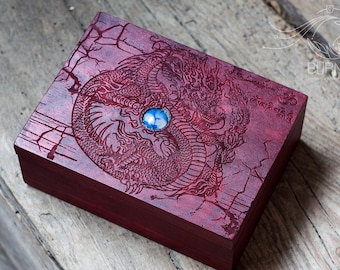 Laser Engraved Dragon Wooden Box: Om Keepsake, Tarot Card Storage