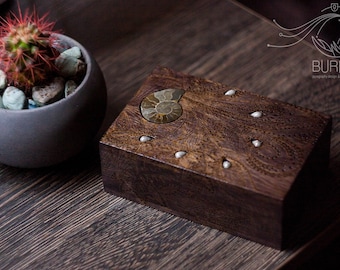 Wooden Tarot Box: Dark Florista Design vintage jewelry box with Ammonite