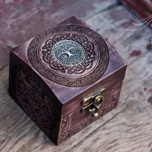 Yggdrasil metallo / Albero della vita / Cassa celtica vintage / Scatola gioielli in legno / Scatola di design rustico
