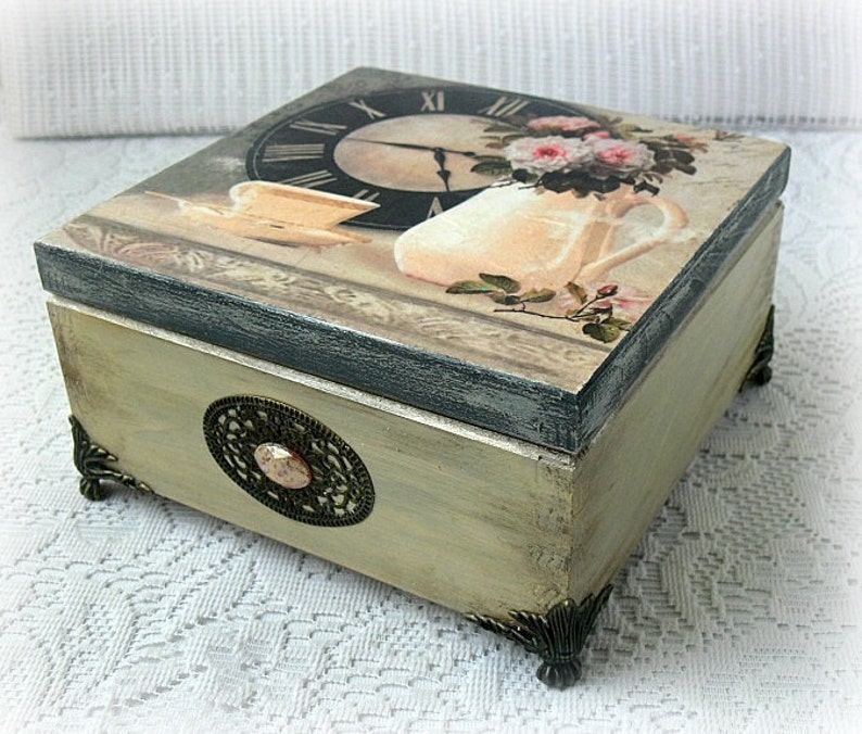Wooden Tea Box Jewelry Box Decoupage Box vintage Clock Etsy