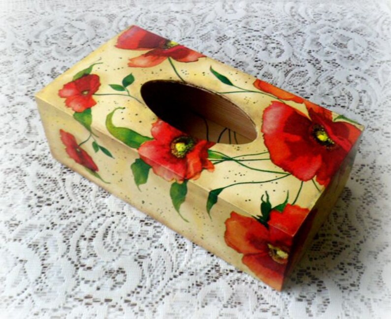 Wooden decoupage tissue box wooden tissue box poppies Etsy