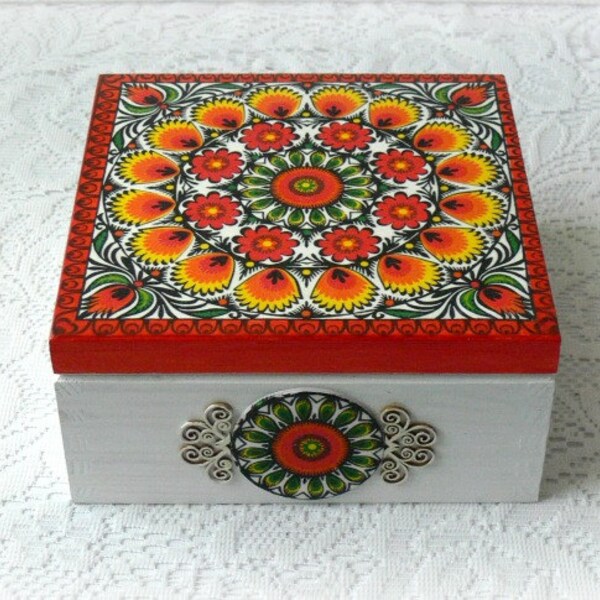 Caja de té decoupage, caja de té popular polaco, Polaco arte popular, caja de té madera, caja de joyería