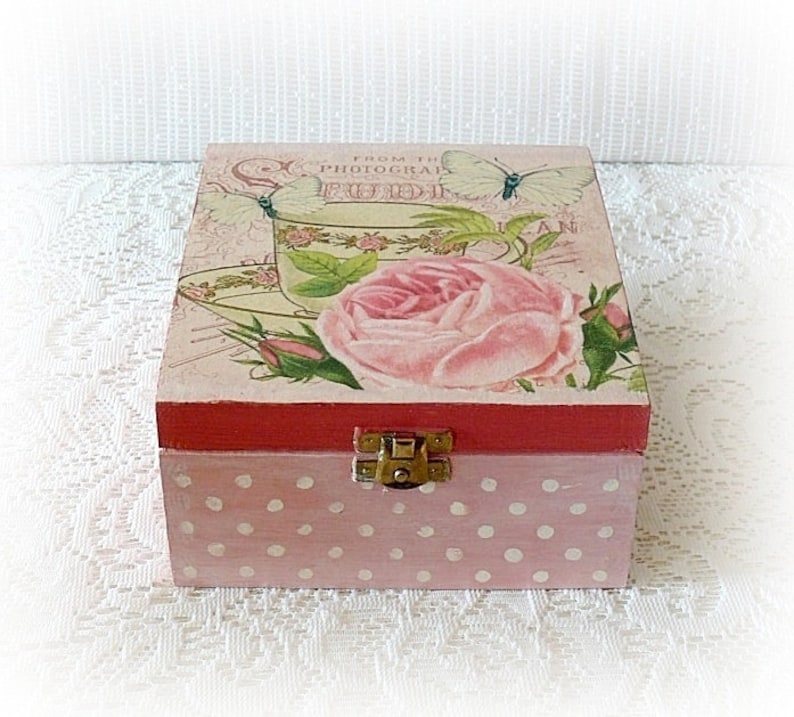 Vintage Style Wooden Tea Box Decoupage Tea Box Pink Rose Etsy