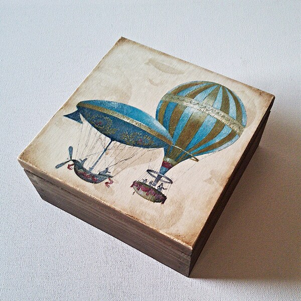 Decouapge tea box , Hot air baloons tea box , wooden tea box , jewelry box , decoupage box , vintage style box , tea bag storage box