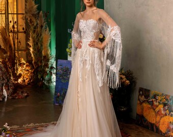A-line Wedding dress with sleeves, Fringe wedding dress, Boho chic dress