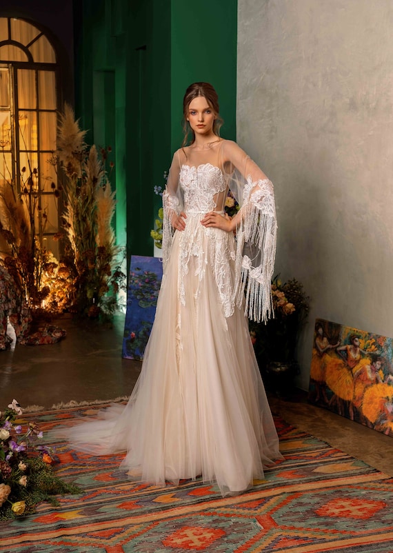 fringe sleeve wedding dress