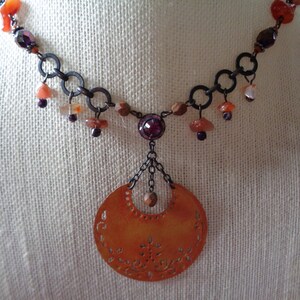 Statement Swarovski Crystal and Carnelian Agate Necklace Handmade Rosary Beading Orange Purple and Black Oxidized Patina Gemstone