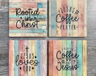 Rustic Christian Ceramic Coasters - Set of 4 - Faith Based Home Decor