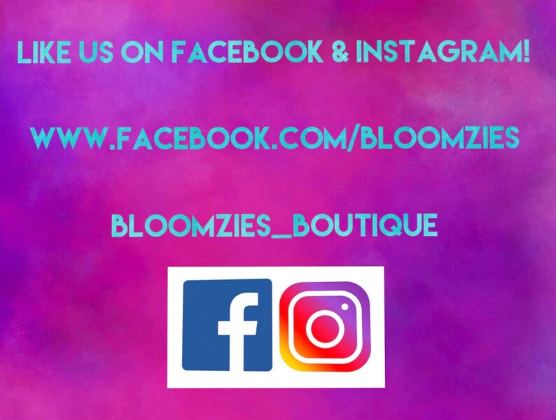 May include: Purple background with the text "LIKE US ON FACEBOOK & INSTAGRAM!" and "WWW.FACEBOOK.COM/BLOOMZIES" in light blue. Below the text is the text "BLOOMZIES_BOUTIQUE" in light blue.  The Facebook and Instagram logos are below the text.