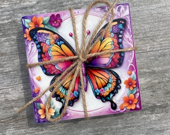 Butterfly & Flower Ceramic Coasters - Set of 4 - Vibrant Floral Art