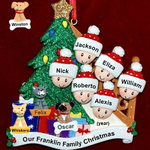 Personalized our xmas tree Christmas ornament for families of 6 with 3 dogs, cats, pets custom add-ons