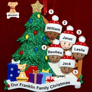 Personalized mixed race biracial family ornament of 5 with 1 dog, cat pets custom add-on