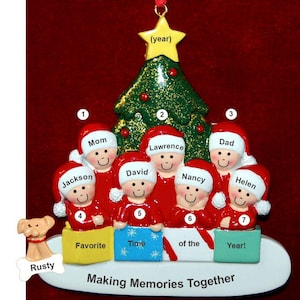 Personalized large group or family Christmas ornament in front of tree for 7 with dog, cat, or other pet