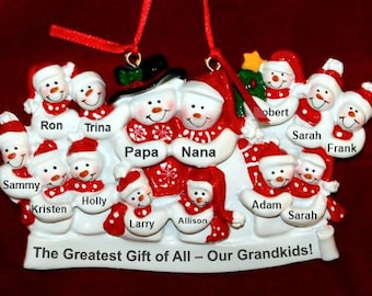 Personalized Large Family or Grandparents with 12 Grandkids Christmas Ornament Snowman Snuggles