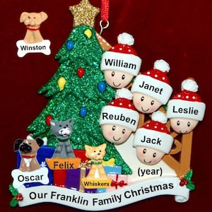 Personalized family of 5 Christmas tree with 3 dogs, cats, pets custom add-ons