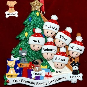 Personalized our xmas tree Christmas ornament for families of 6 with 4 dogs, cats, pets custom add-ons