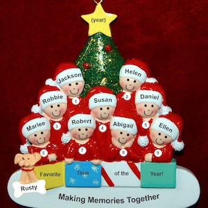 Personalized large group or family Christmas ornament in front of tree for 9 with dog, cat, or other pet