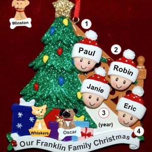 Personalized family of 4 Christmas tree with 2 dogs, cats, pets custom add-ons